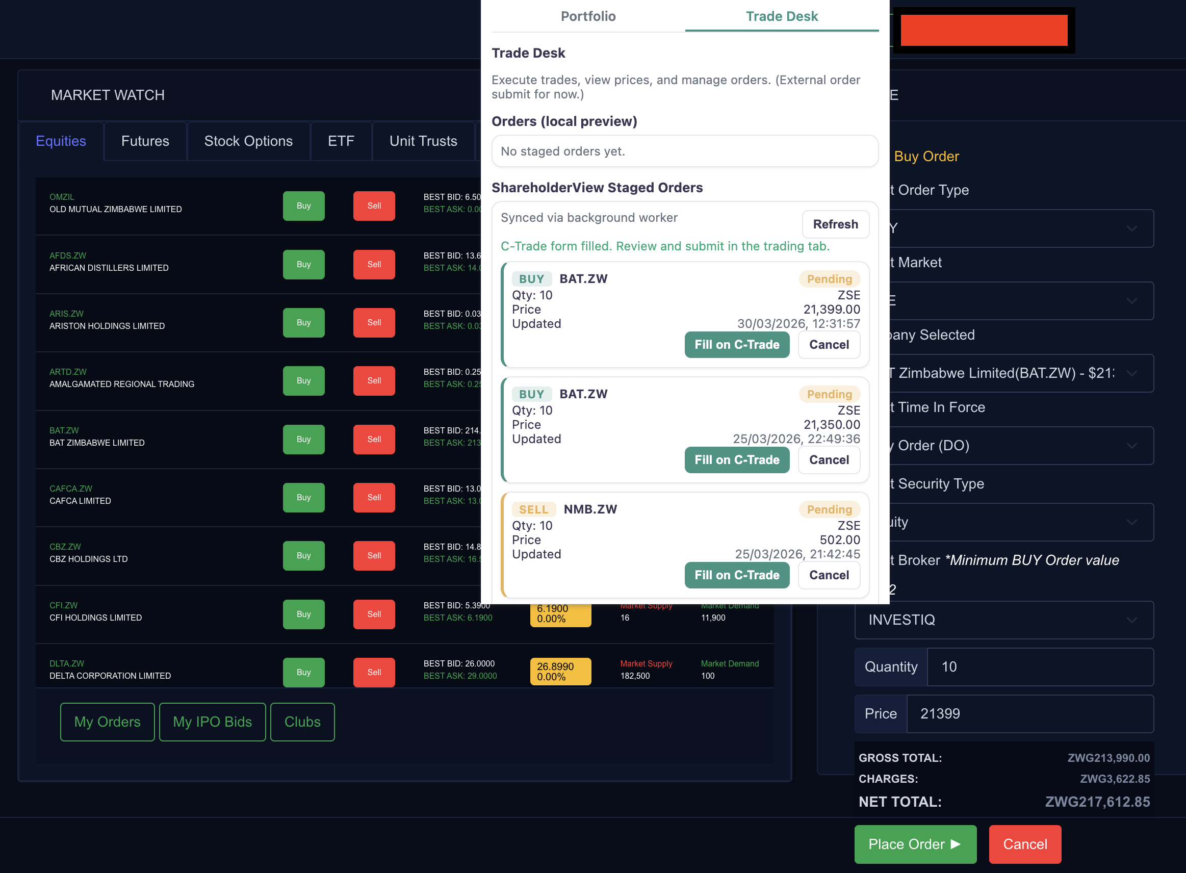 ShareholderView Chrome Extension auto-filling trade details into the broker platform — ZSE, VFEX, C-Trade