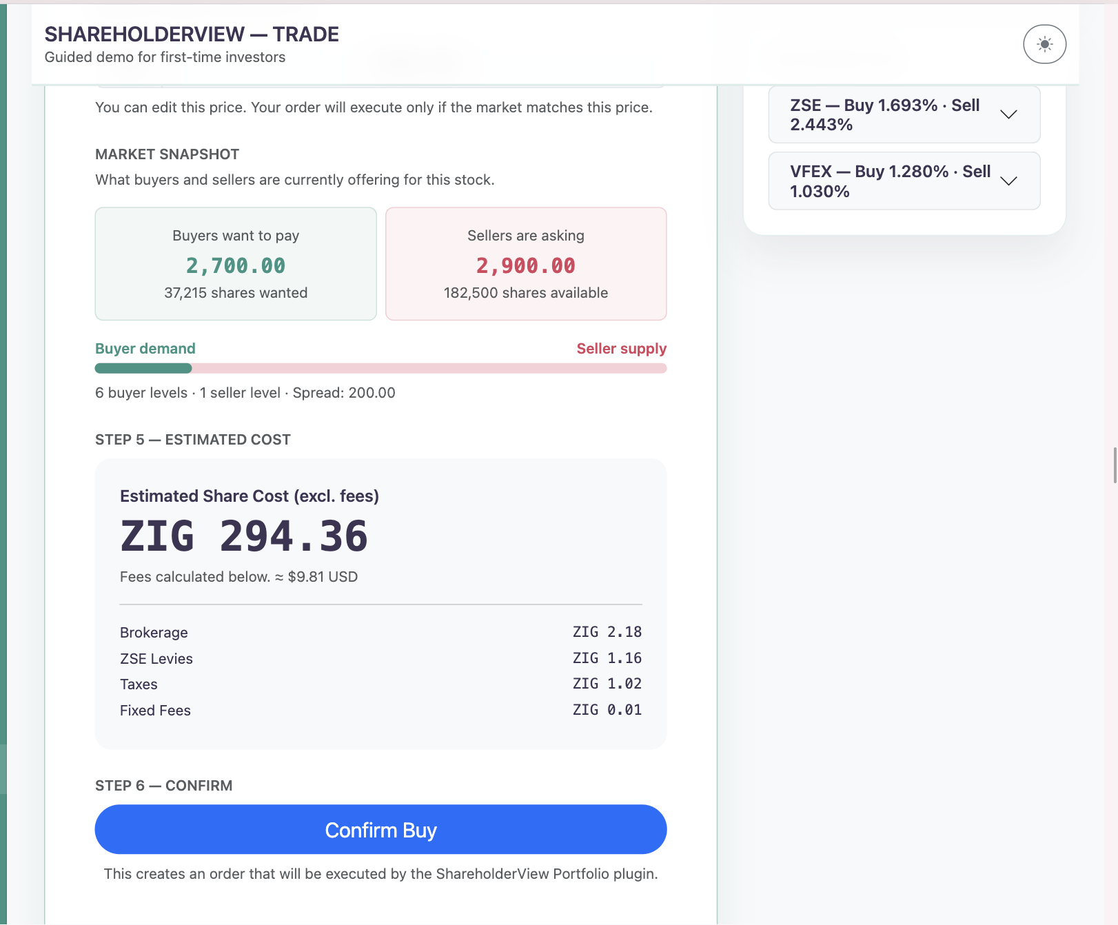 Guided trade flow with full fee breakdown